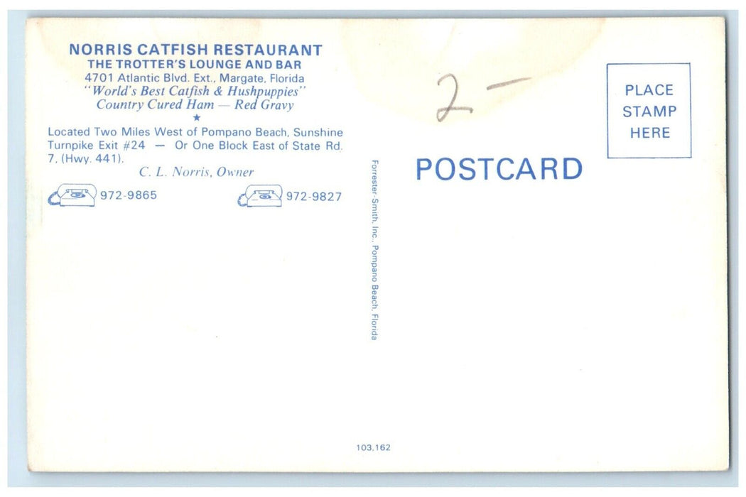 1960 Norris Catfish Restaurant Trotter's Lounge Catfish Margate Florida Postcard