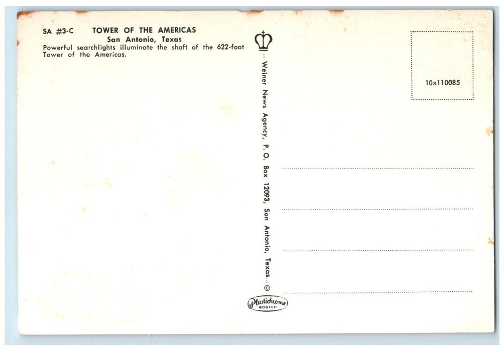 c1960 Tower Americas Searchlights Illuminate Exterior San Antonio Texas Postcard