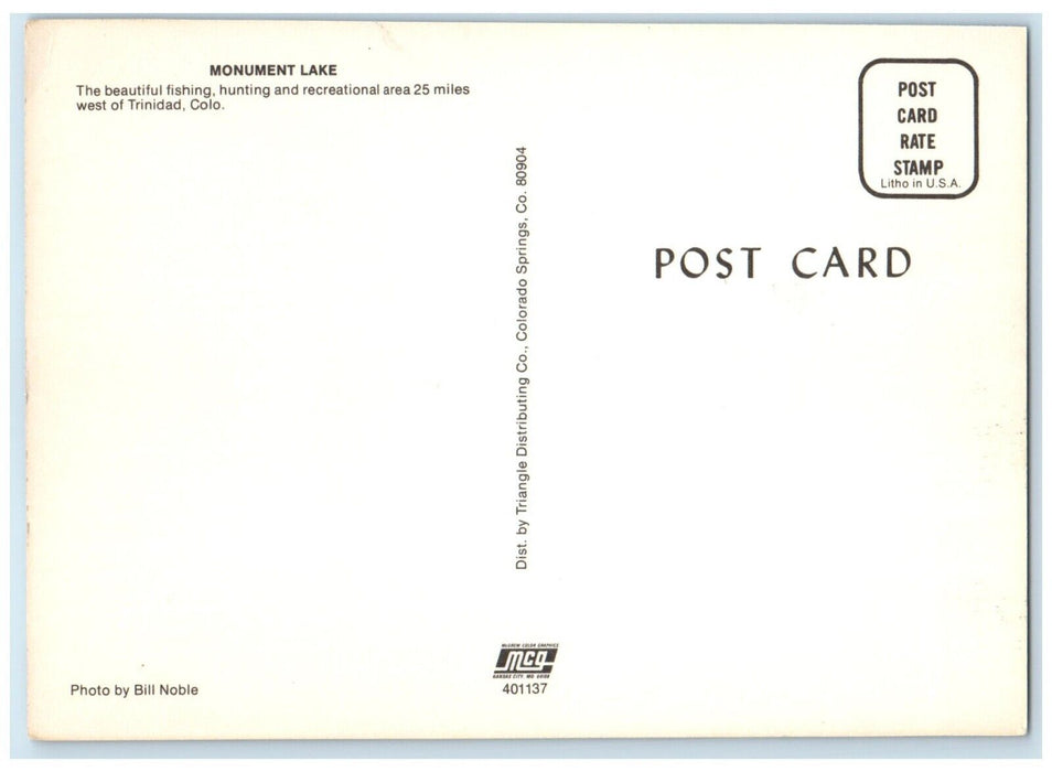 c1960 Monument Lake Fishing Hunting Recreational Area Trinidad Colorado Postcard