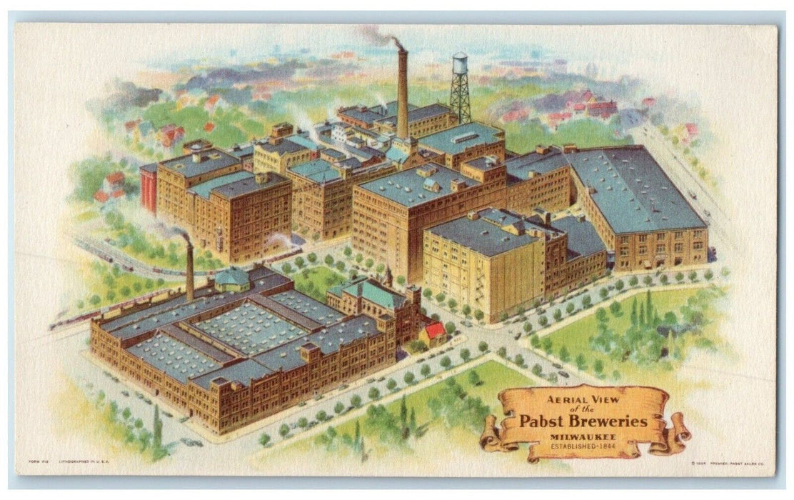 c1940 Aerial View Pabst Breweries Factory Exterior Milwaukee Wisconsin Postcard