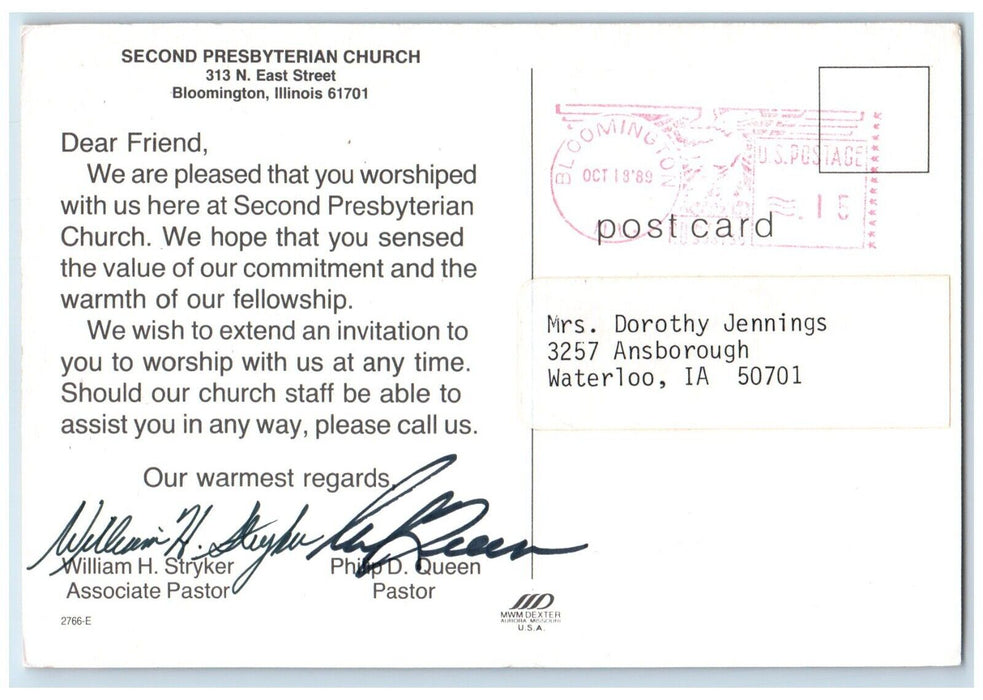 1960 Second Presbyterian Church East Street Chapel Bloomington Illinois Postcard