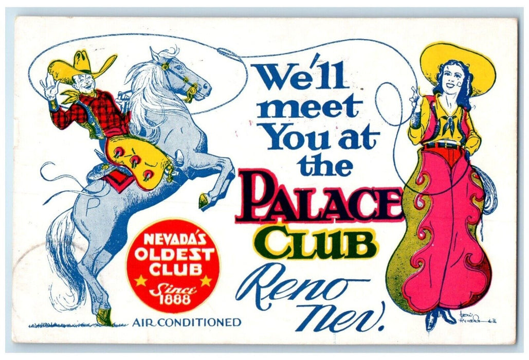 1952 We'll Meet You At Palace Club Cowboy Reno Nevada Vintage Antique Postcard