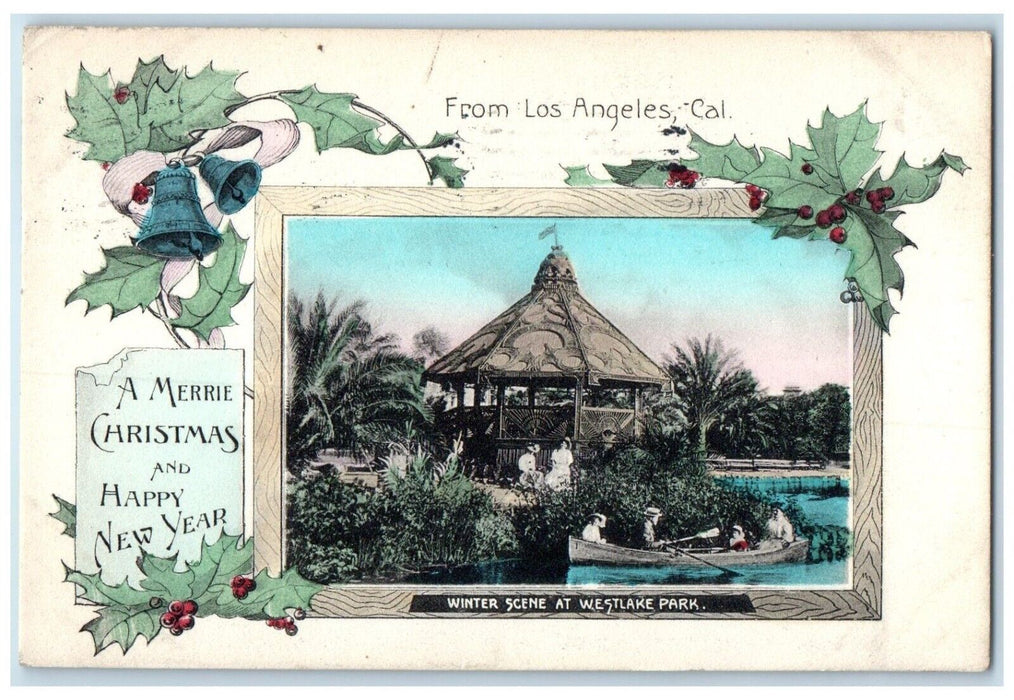 1910 Winter Westlake Christmas Happy New Year Los Angeles California  Postcard