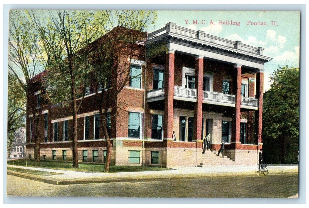 c1910 YMCA Building Exterior Street Pontiac Illinois IL Vintage Antique Postcard