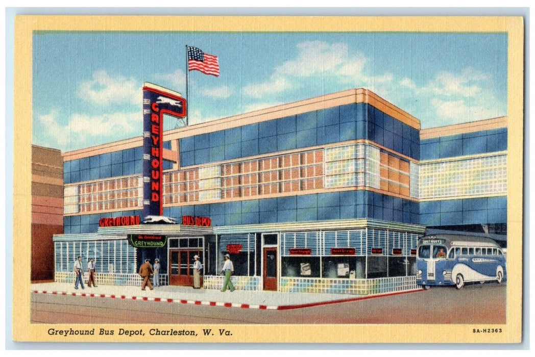 c1940's Greyhound Bus Depot Charleston West Virginia WV Vintage Postcard