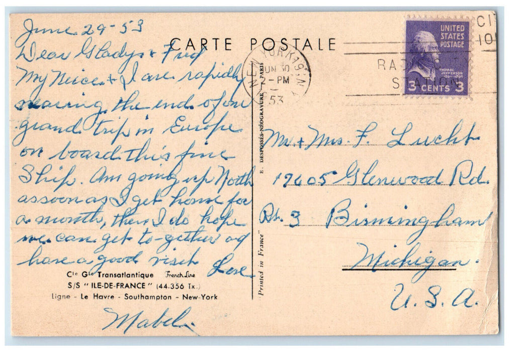 1953 Cle Gle Transatlantique S/S Ile De France French Line Vintage Postcard