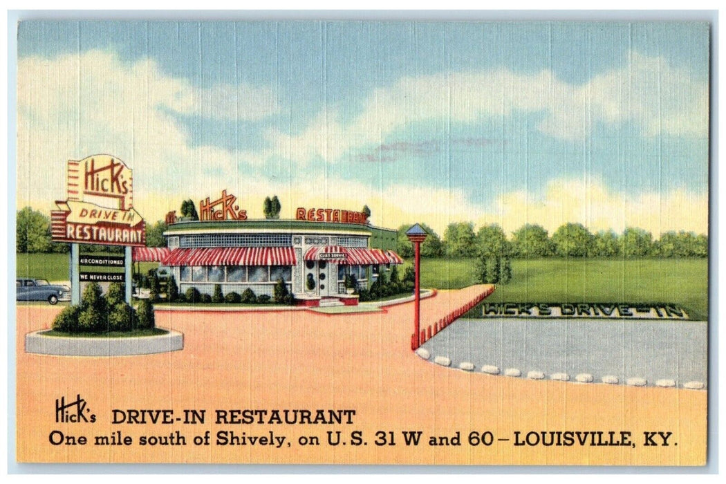 1952 Hick's Drive In Restaurant Louisville Kentucky KY Posted Vintage Postcard