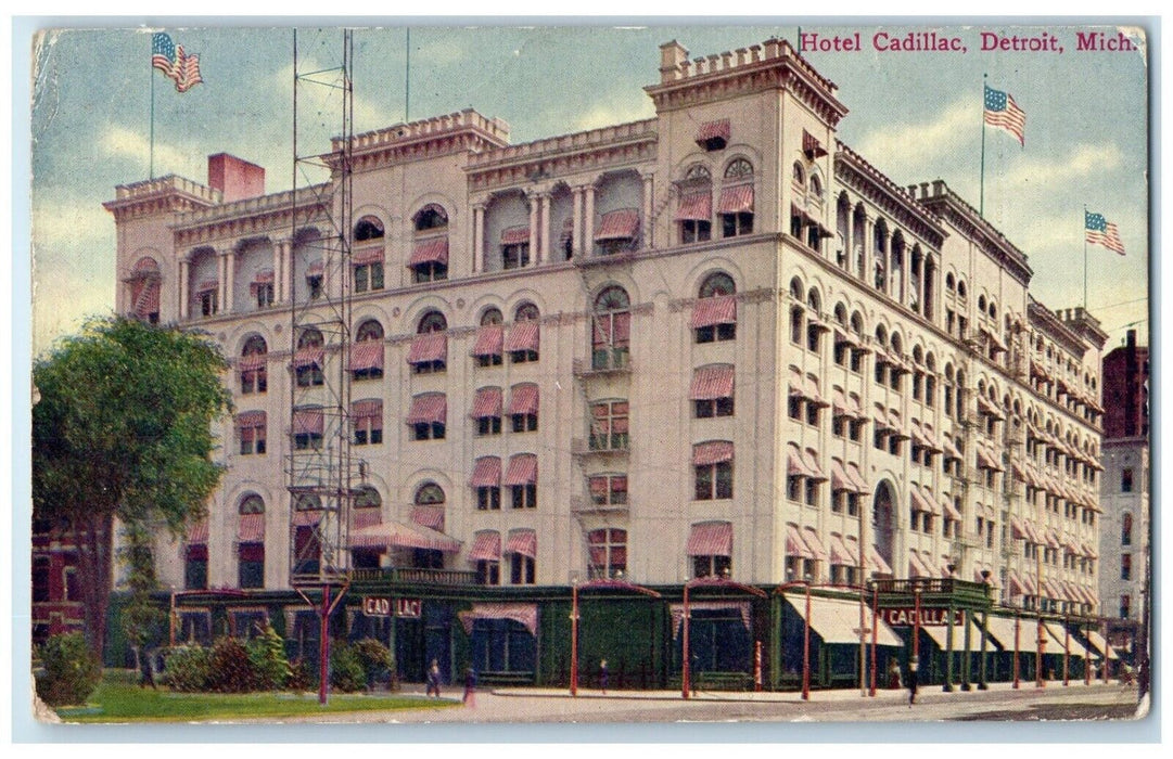 1913 Exterior View Hotel Cadillac Building Detroit Michigan MI Antique Postcard