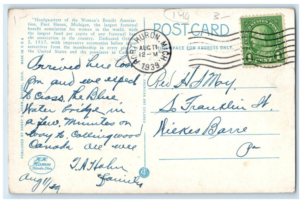 1939 Exterior Woman Benefit Association Port Huron Michigan MI Vintage Postcard