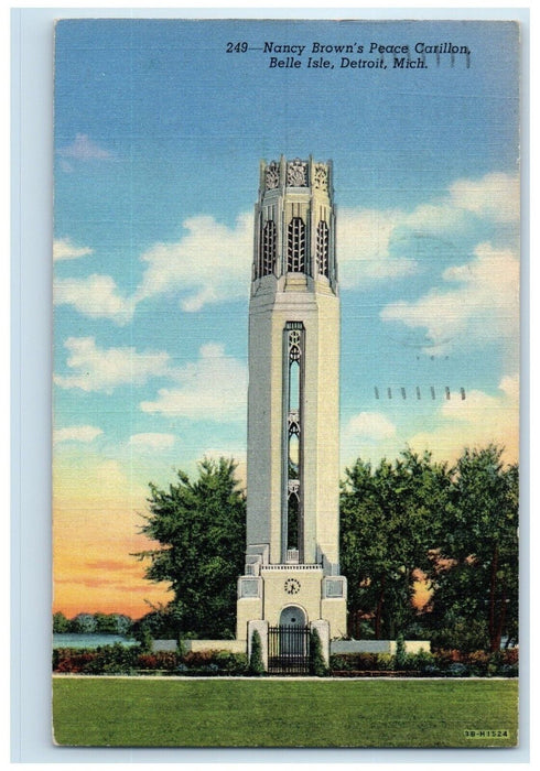 1940 Nancy Brown Peace Carillon Belle Isle Detroit Michigan MI Vintage Postcard