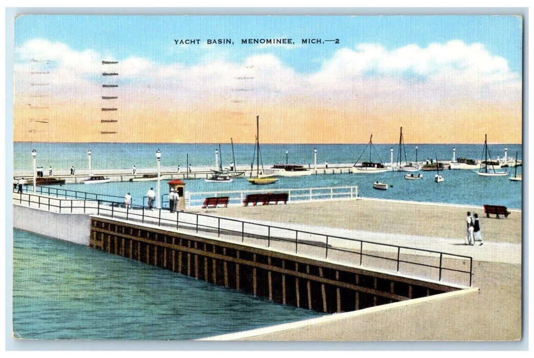 1945 Yacht Basin Sailing Boats Menominee Michigan MI Vintage Antique Postcard