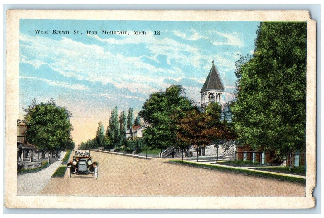 c1920 West Brown St Classic Car Iron Mountain Michigan Unposted Antique Postcard