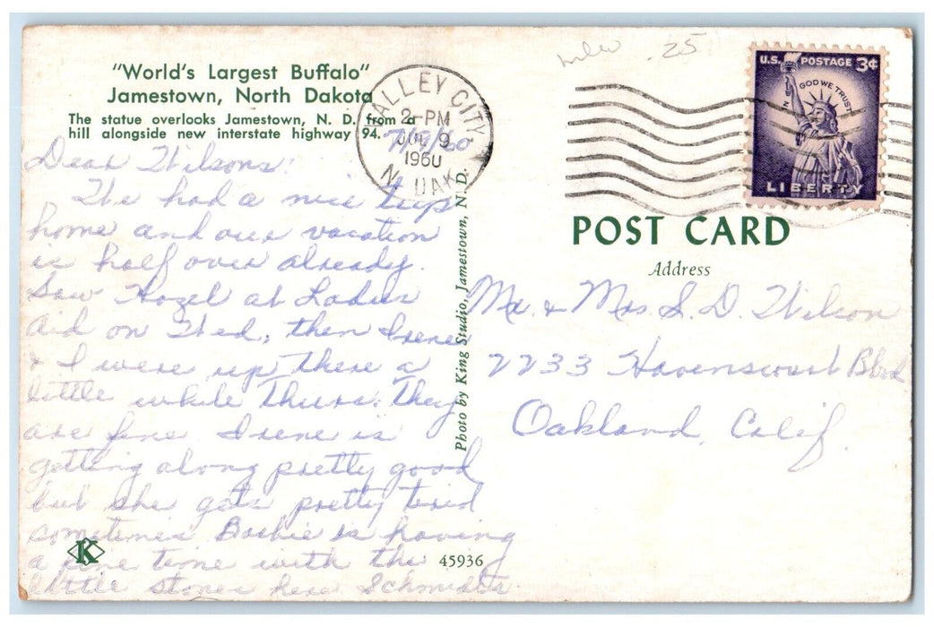 1960 World's Largest Buffalo Interstate Highway Jamestown North Dakota Postcard
