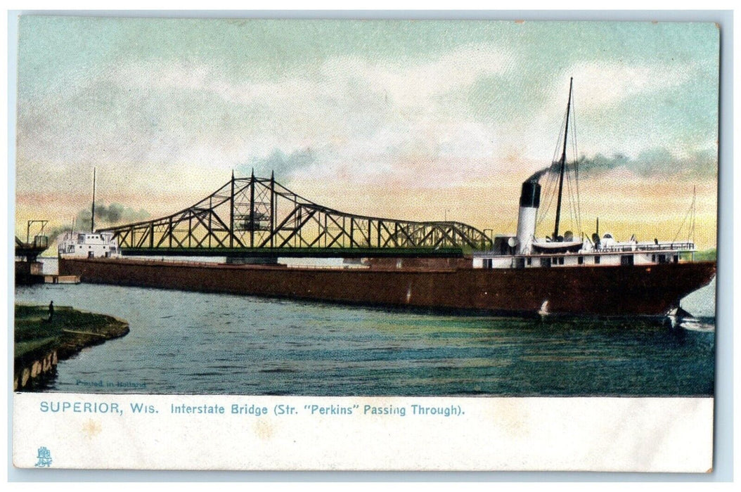 c1905 Interstate Bridge Str. Perkins Passing Through Superior Wisconsin Postcard