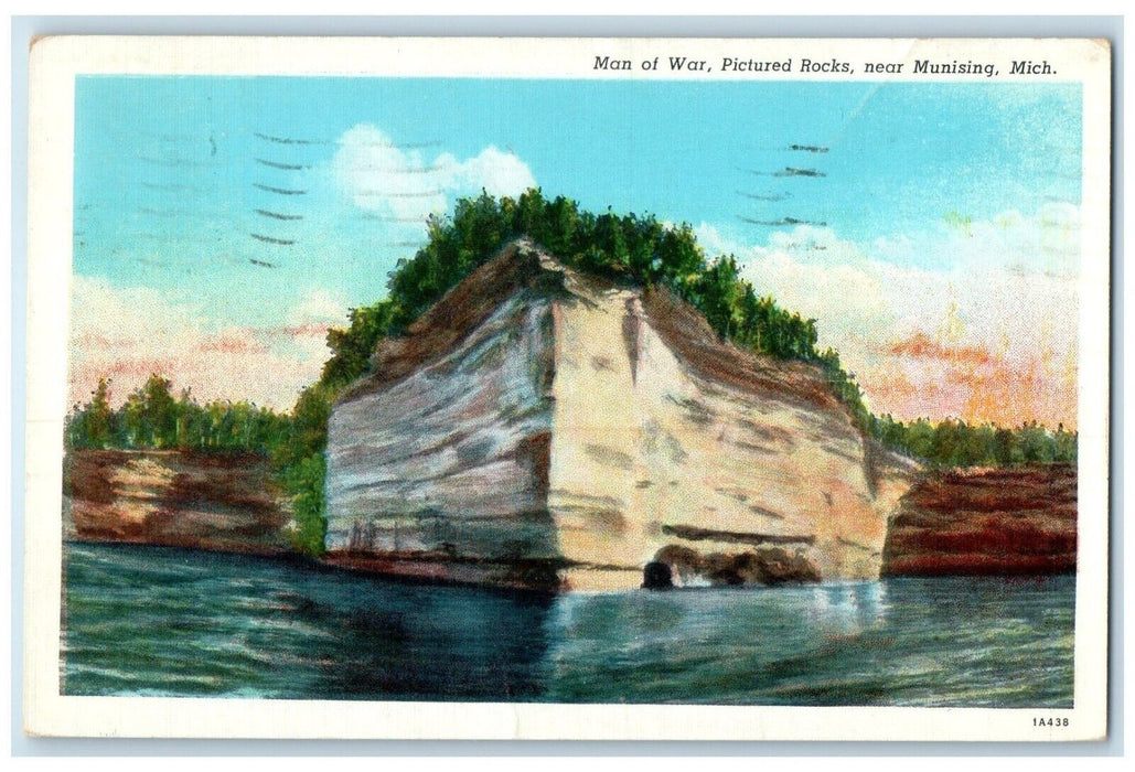 1939 Scene Man War Pictured Rocks Munising Michigan MI Vintage Antique Postcard