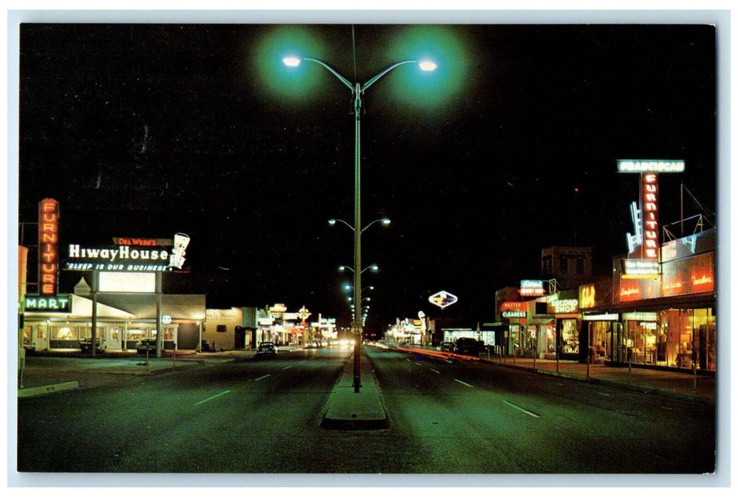 c1960 Night View Central Avenue Wellesey Street Albuquerque New Mexico Postcard