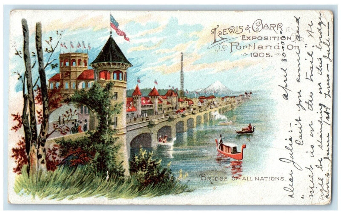 1905 Bridge All Nations Lewis Clark Canoe Boat Portland Oregon Vintage Postcard