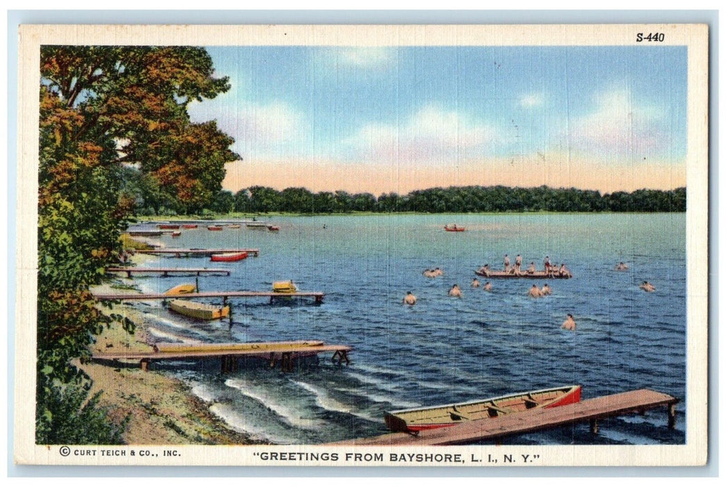 c1940 Greetings From Canoe Boat Dock Bayshore Long Island New York NY Postcard