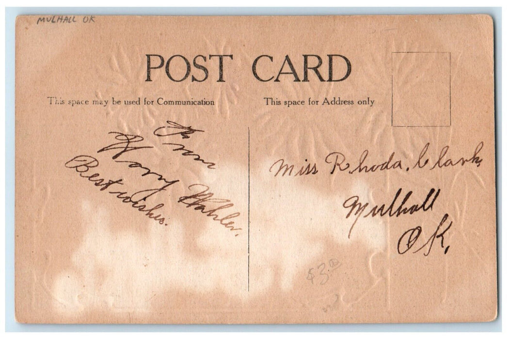 c1910's Greetings From Mulhall Oklahoma OK, Daisy Flowers Embossed Postcard