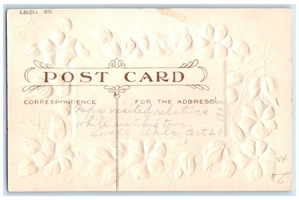 1908 Greetings From Lowell Oklahoma OK Glitter Flowers Embossed Antique Postcard