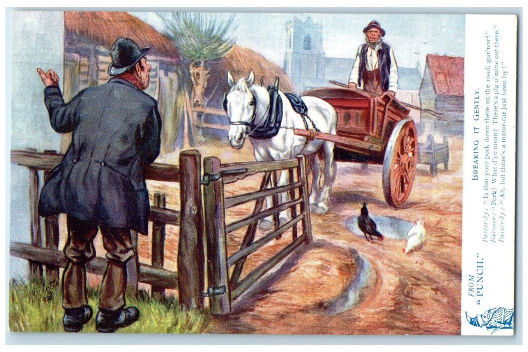 c1910's From Punch Breaking It Gently Horse And Wagon Oilette Tuck's Postcard