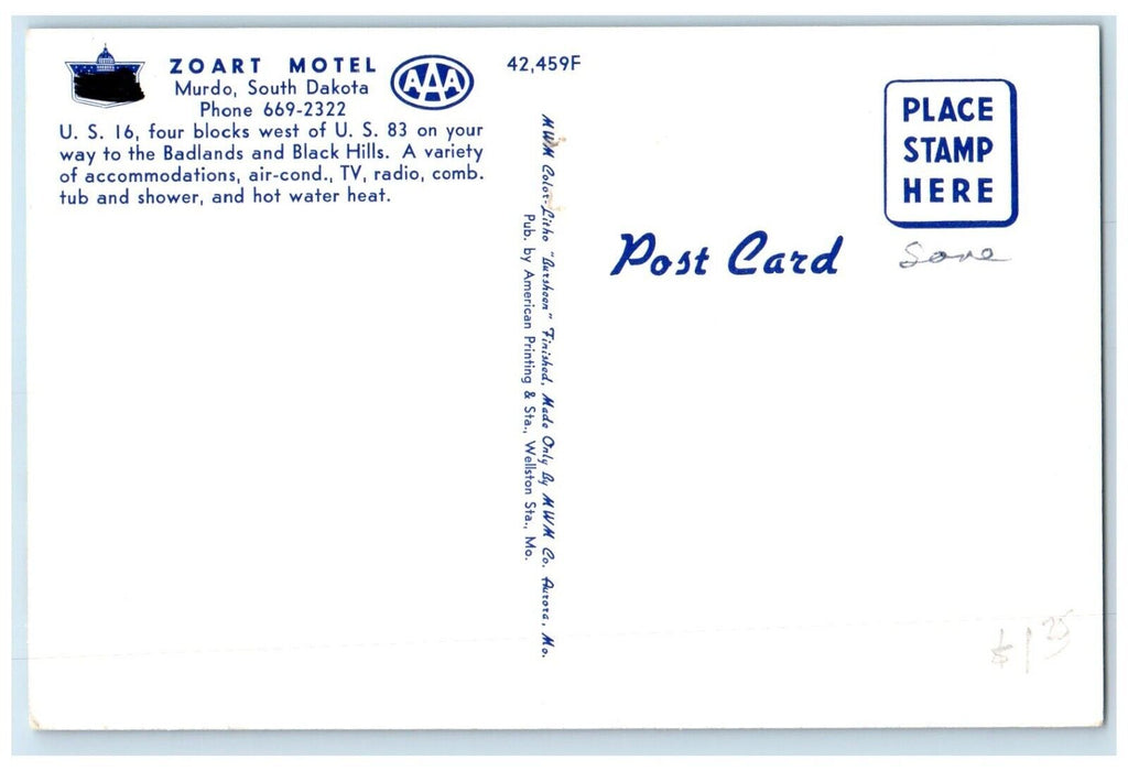 c1960 Zoart Motel Exterior Building Murdo South Dakota Vintage Antique Postcard