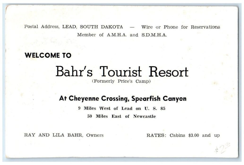c1940 Welcome Bahr's Tourist Resort Cheyenne Crossing Lead South Dakota Postcard