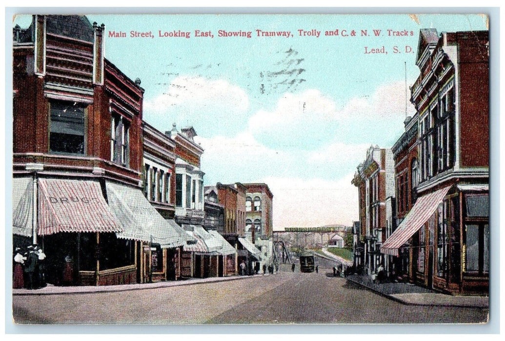 1909 Main Street Tramway Trolly Tracks Streetcar Lead South Dakota SD Postcard