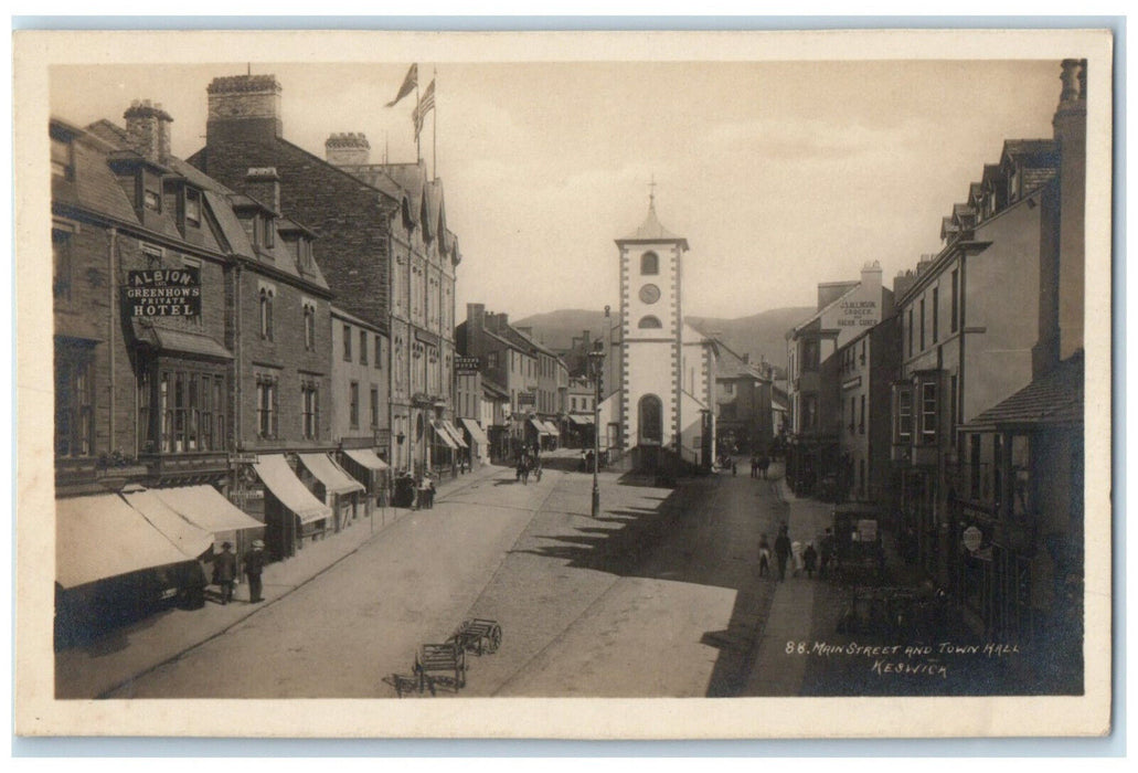 c1920's Main Street and Town Hall Keswick Cumbria England RPPC Photo Postcard