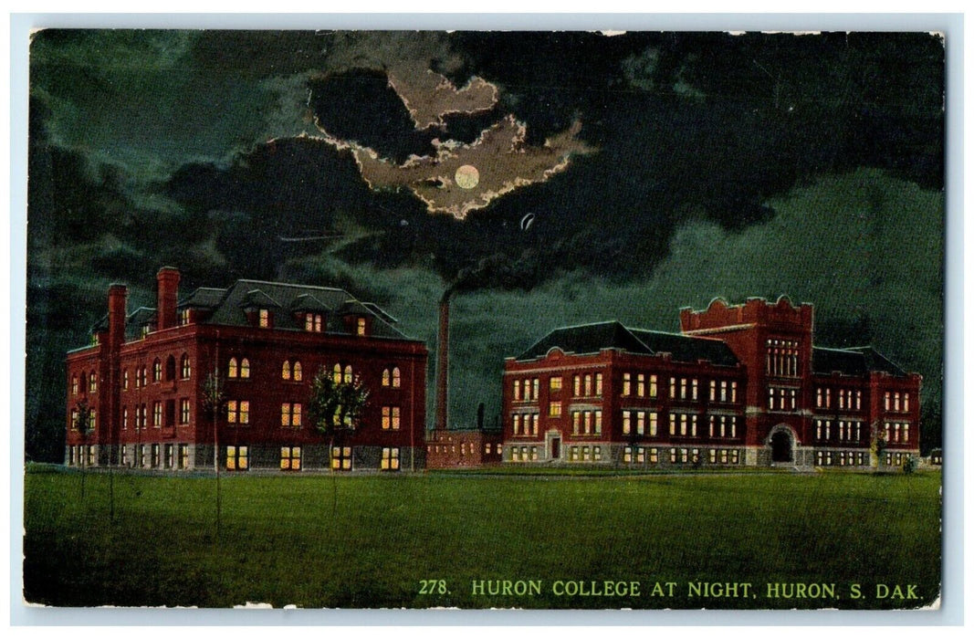 c1910 Huron College Night Moon Exterior Building Huron South Dakota SD Postcard