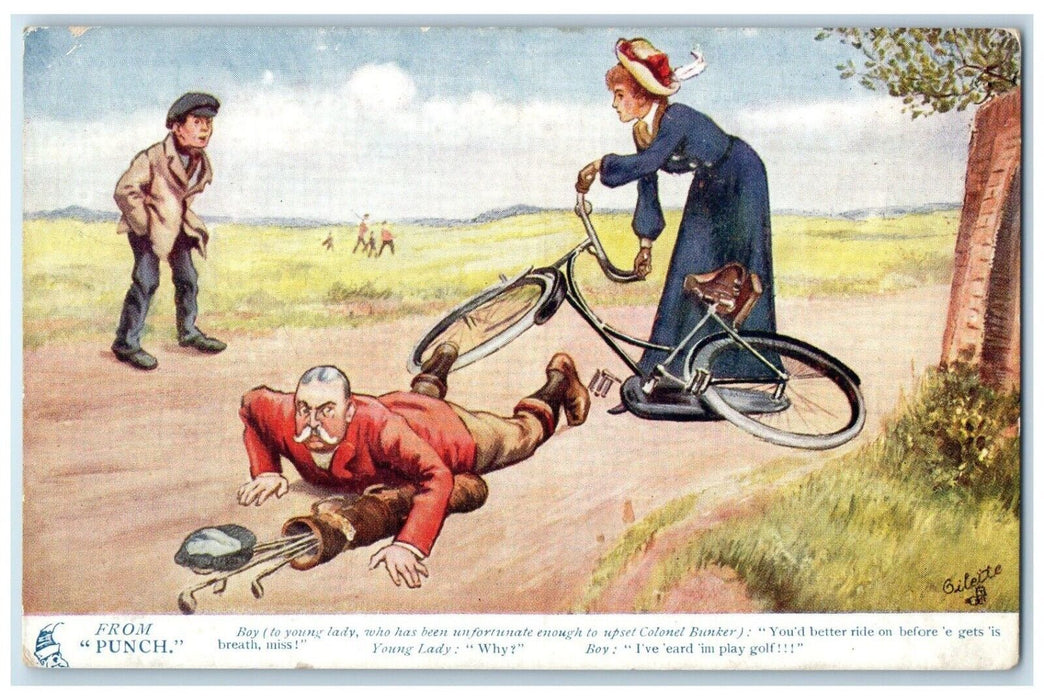 c1910's From Punch Young Lady Bicycle Accident Oilette Tuck's Antique Postcard