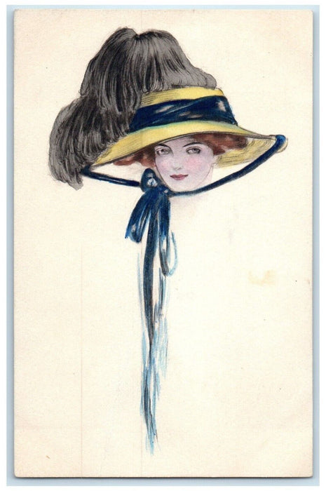 c1910's Pretty Girl Head Big Hat Hand Painted Unposted Antique Postcard