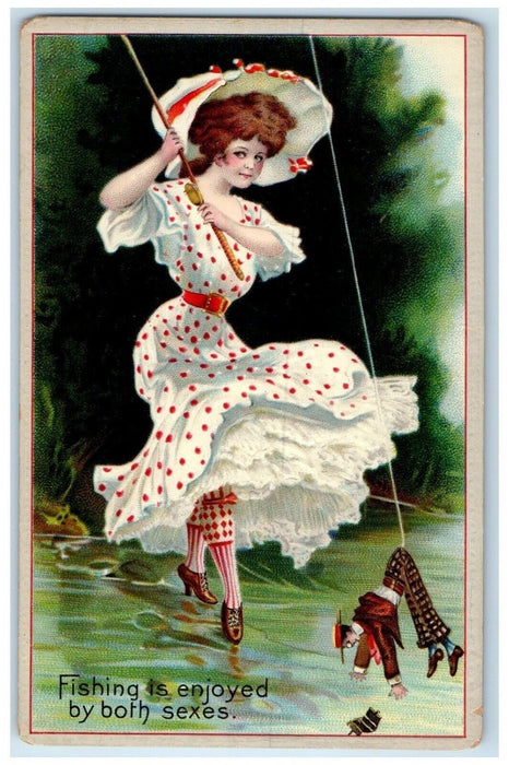c1910's Pretty Woman Big Hat Polka Dress Fishing Embossed Antique Postcard