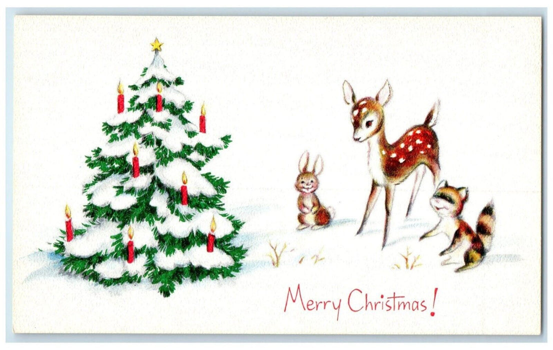 c1910's Christmas Tree Candle Lights Deer Rabbit Winter Scene Antique Postcard
