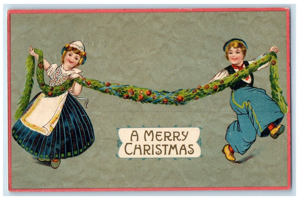 1909 Christmas Girls Dancing Garland Embossed Toledo Illinois IL Posted Postcard