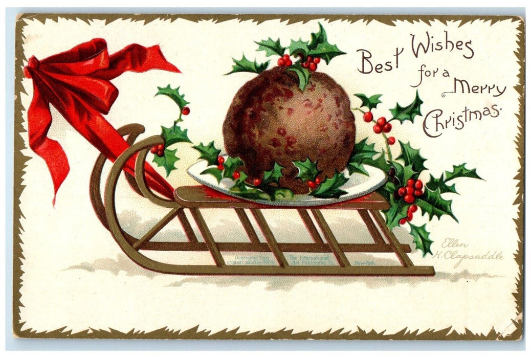 1907 Christmas Cart Holly Berries Winter Ellen Clapsaddle Embossed Postcard