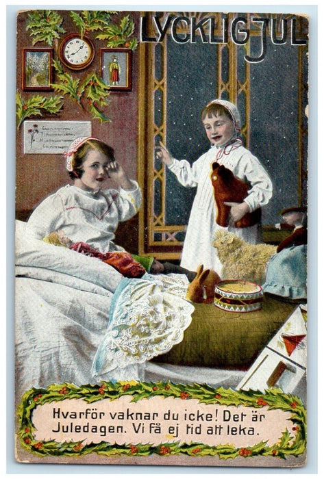 c1910's Christmas Girls With Toys On Bed Holly Berries Clock Antique Postcard