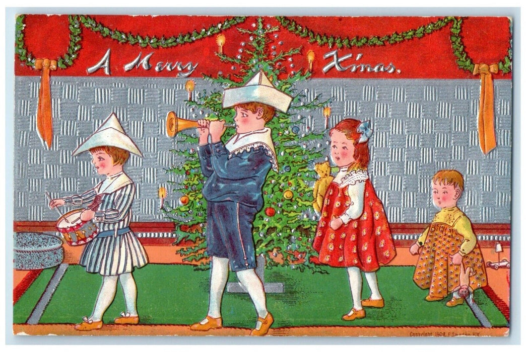 c1910's Christmas Tree Children With Trumpet And Drum Embossed Antique Postcard