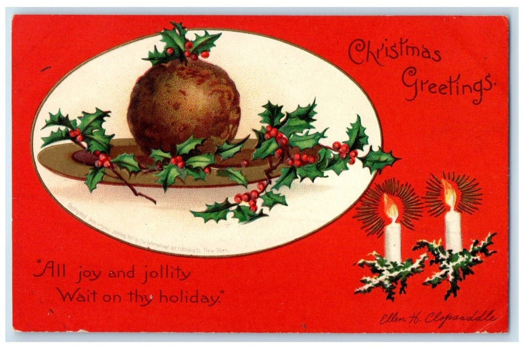 Christmas Greetings Mutton Pie Holly Berries Candle Lights Clapsaddle Postcard