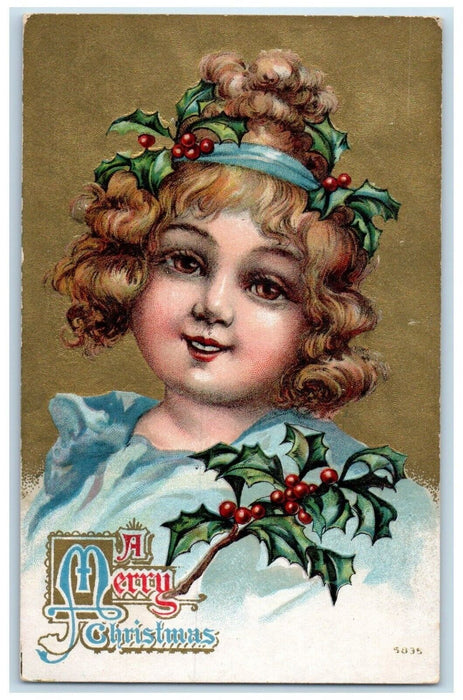 1910 Christmas Cute Little Girl Curly Hair Berries Hover Washington WA Postcard
