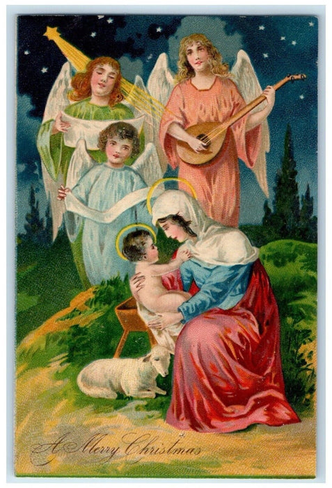 c1910's Christmas Angel Carrol Banjo Religious Embossed Posted Antique Postcard