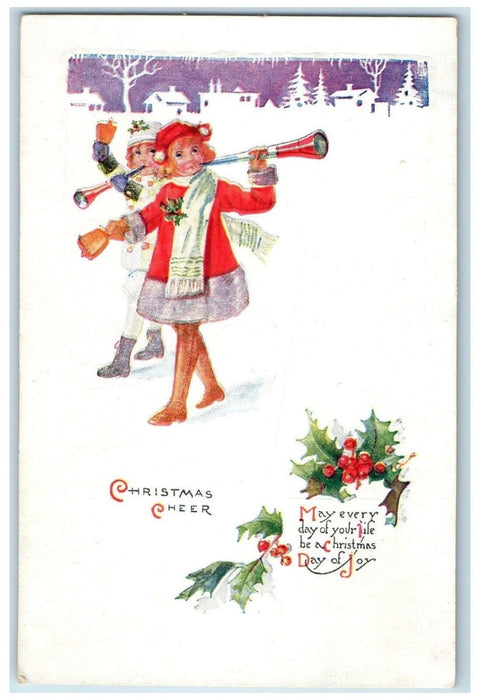 c1910's Christmas Girls Flute Holly Berries Winter Scene Embossed Postcard