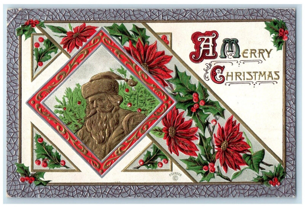 c1910's Christmas Santa Claus Poinsettia Flowers Berries Mason City IA Postcard