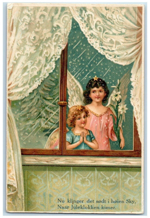 c1910's Christmas Angels On The Window With Flowers Snowfall Antique Postcard