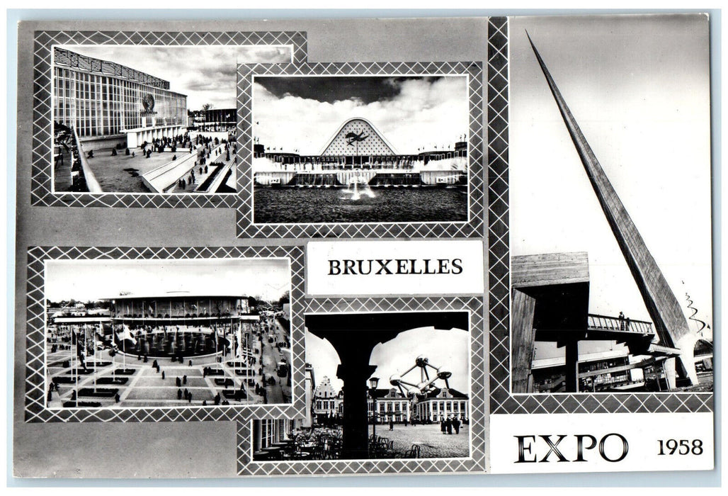 1958 Pavilions Parks Bridge Multiview Brussels Expo RPPC Photo Postcard