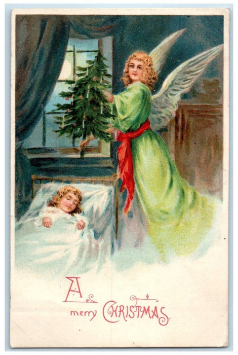 1908 Christmas Tree Angel Little Girl Sleeping Chicago Illinois IL Postcard