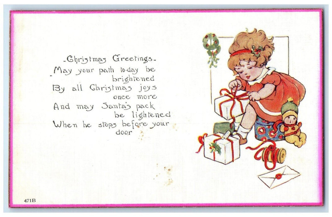 c1910's Christmas Greetings Little Girl With Gifts Toys And Gifts Postcard