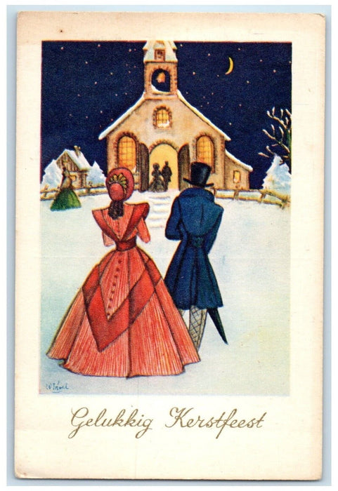 c1910's Christmas Netherlands Church Winter Scene Crescent Antique Postcard