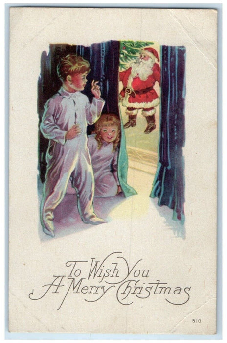 c1910's Christmas Children Hiding Waiting Santa Claus Posted Antique Postcard