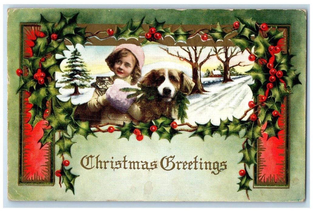 1914 Christmas Greetings Girl And Dog Winter Scene Holly Berries Posted Postcard